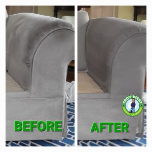 A gray couch armrest before and after cleaning by Troy West Carpet Cleaning in Morristown, VT.