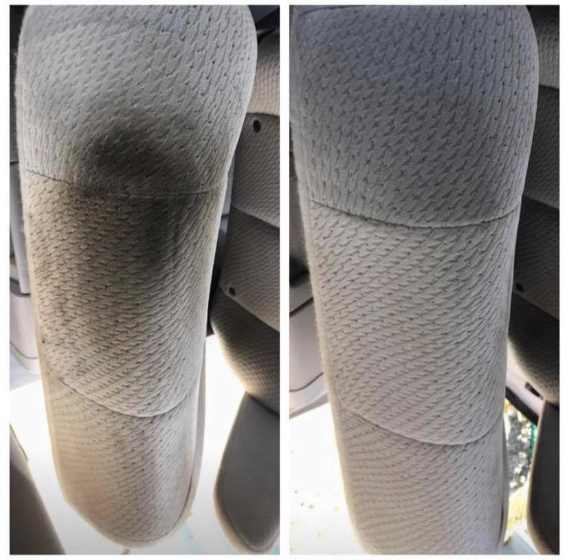 Before and after comparison of a professionally cleaned upholstered car seat by Jet Steam Carpet Cleaning in Sitka, AK.