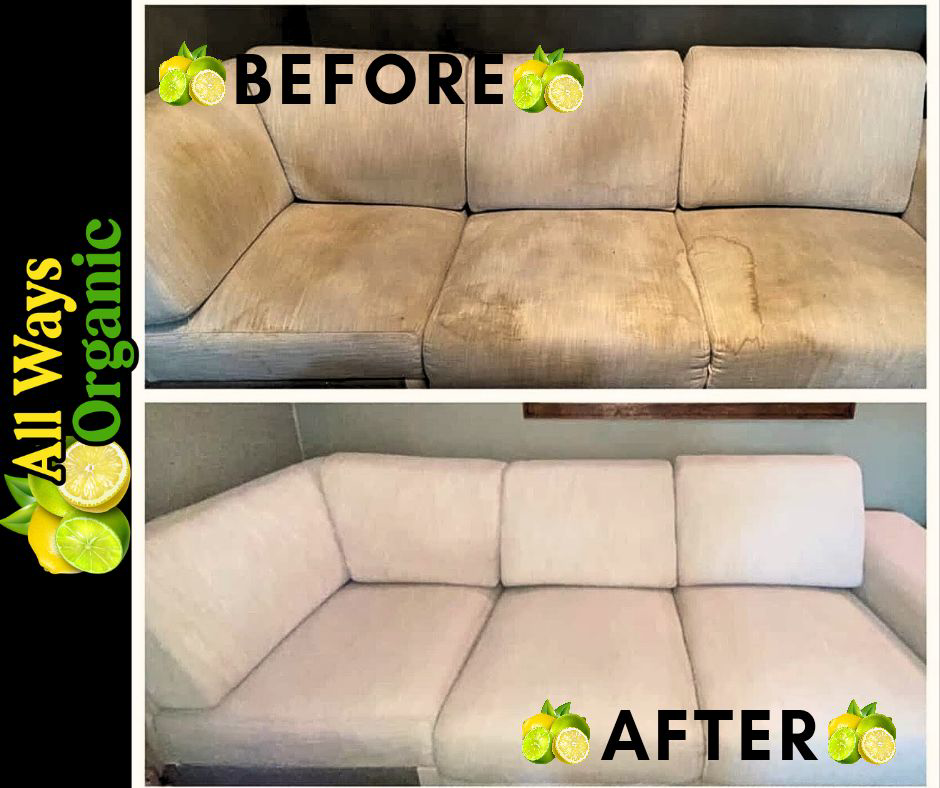 Before and after photo of a sectional sofa after professional upholstery cleaning by All Ways Organic Citrus Carpet & Upholstery Cleaning in Wilmington, NC.