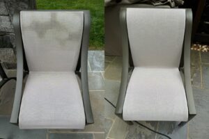 Before and after comparison of an outdoor chair upholstery cleaning by Father and Son Companies in Gaithersburg, MD.