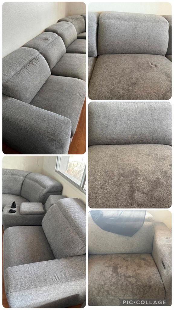 Before and after comparison of a grey sectional sofa after professional upholstery cleaning by Five Star Carpets & Upholstery Care in Mesa, AZ.