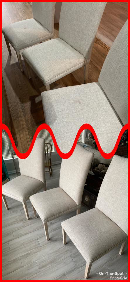 Before and after comparison of upholstered dining chairs after professional cleaning by On the Spot Carpet Care in Hermitage, TN.