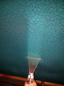 An upholstery cleaning tool in use on a patterned green fabric by Get Green Carpet Cleaning CT in West Hartford, CT.