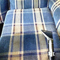 A professional upholstery cleaning tool being used on a plaid armchair by Bee's Dry Organic Carpet Cleaning in San Antonio, TX.