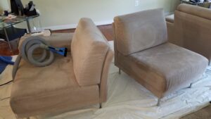 Professional upholstery cleaning in progress on a sofa by My Carpet Cleaning & Restoration Services in Silver Spring, MD.