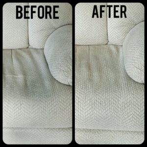 Before and after comparison of a clean couch cushion by Troy West Carpet Cleaning in Morristown, VT.