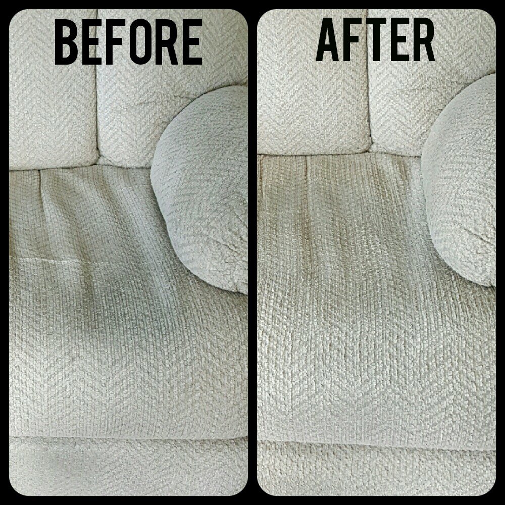 Before and after comparison of a clean couch cushion by Troy West Carpet Cleaning in Morristown, VT.