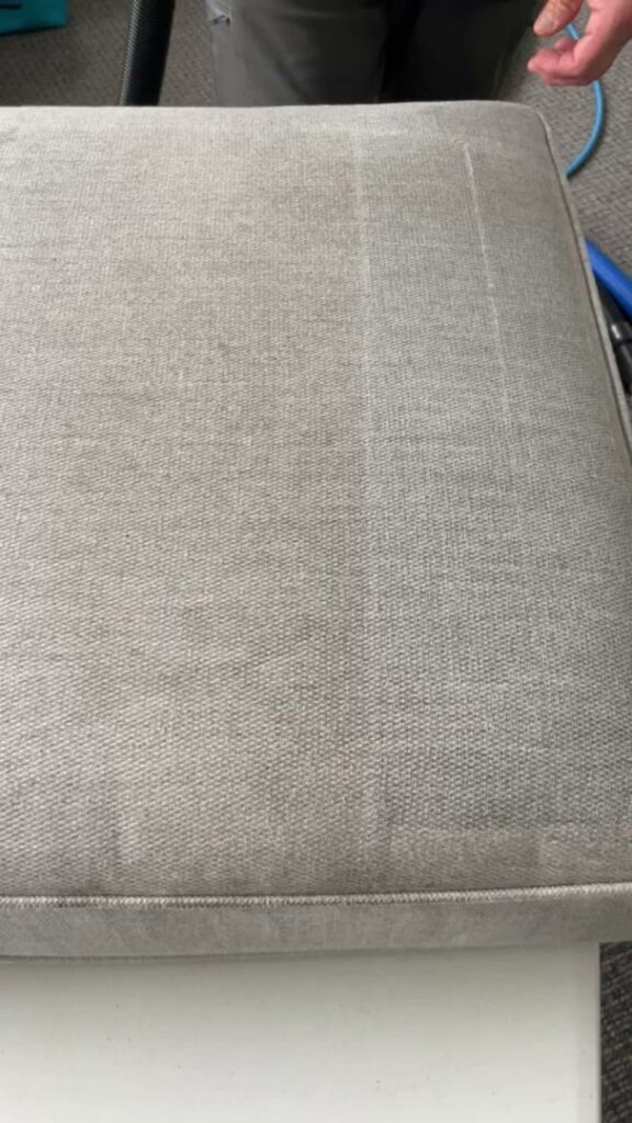 A professional cleaning a sofa cushion, showing a clean strip, by Atlanta Top Force Carpet Cleaning in Roswell, GA.