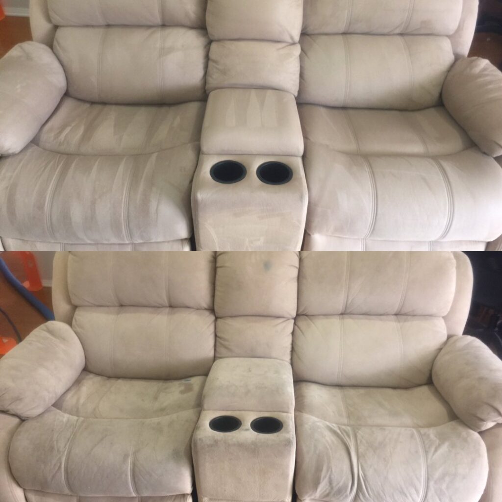 Before and after comparison of a recliner sofa, showcasing professional upholstery cleaning by Imperial Carpet Cleaning in San Diego, CA.