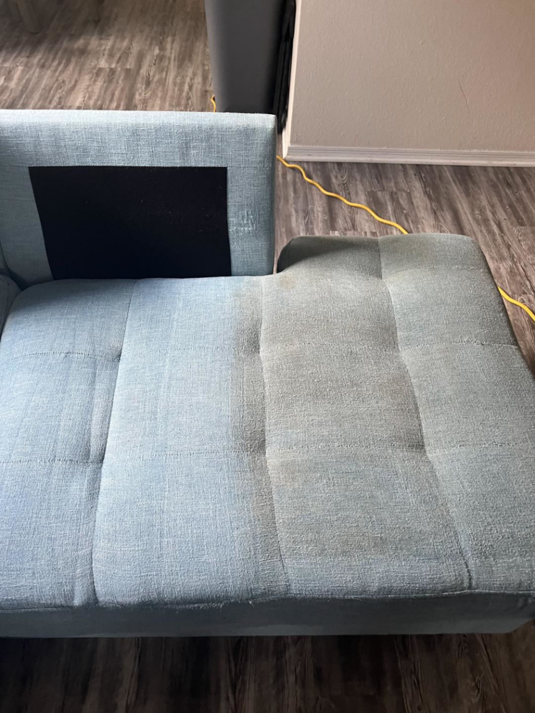 Before and after view of a sofa undergoing professional upholstery cleaning by Jam Carpet Cleaning Services LLC in Newport News, VA.