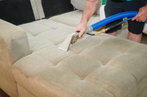 A professional cleaning a sofa with upholstery cleaning equipment at Tru-Steam Carpet & Upholstery Cleaning in Guyton, GA