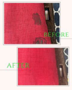 Before and after comparison of a red upholstered cushion with a stain successfully removed by Chem-Dry Nona in Orlando, FL.