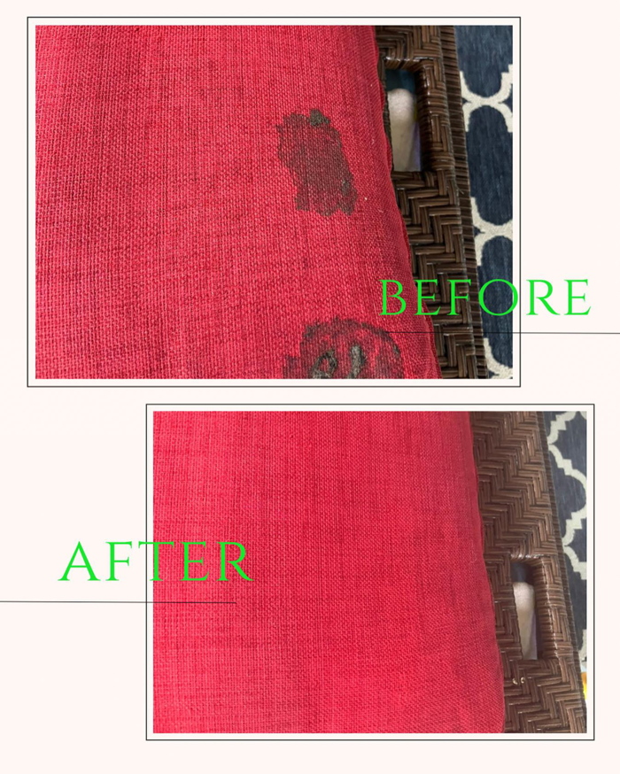 Before and after comparison of a red upholstered cushion with a stain successfully removed by Chem-Dry Nona in Orlando, FL.