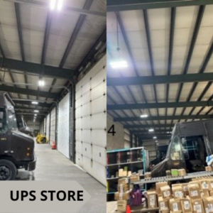 Before and after of commercial lighting installation at a UPS Store by Electro Flash Services LLC in Denver, CO