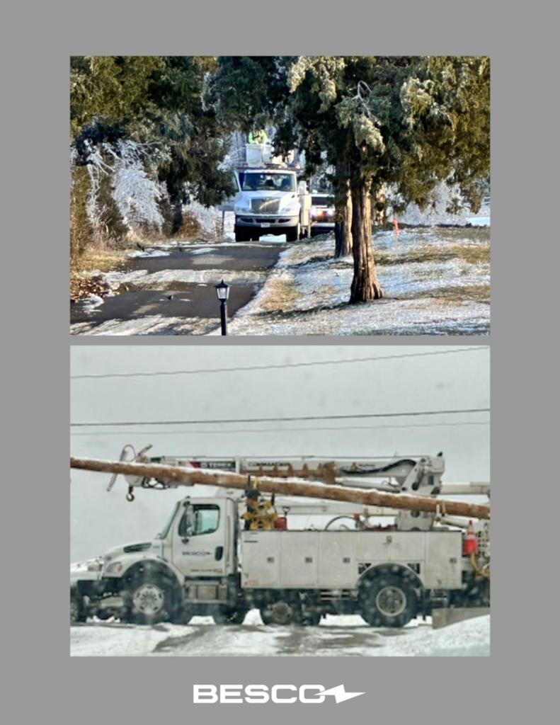 A BESCO utility truck carrying a power pole on a snowy road in Knoxville, TN.
