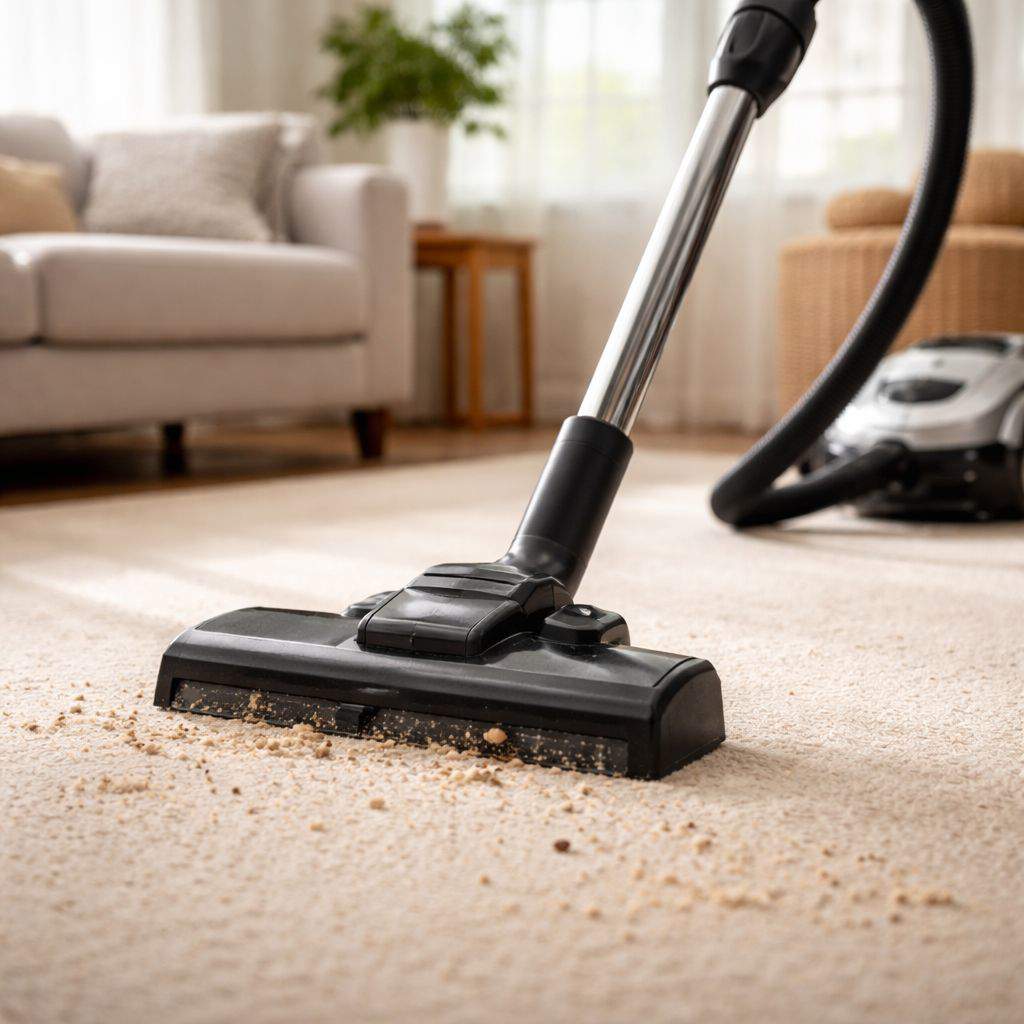 A vacuum cleaner head on a dirty carpet, demonstrating carpet cleaning services by 5 Sons Carpet Cleaning in Dallas, TX