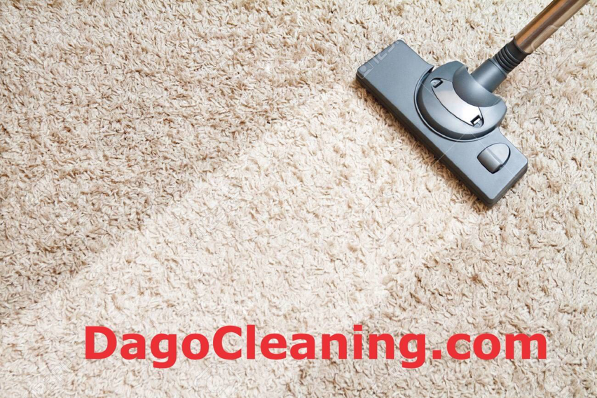 A professional vacuum cleaner cleaning a shaggy beige carpet, showing a clean path by DAGOCarpetCleaning in Hillsboro, OR.