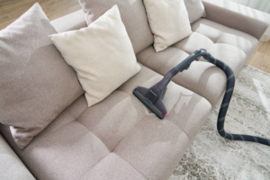 A vacuum cleaner head on a sofa, with a patterned rug visible, representing cleaning services by Empire Carpet Cleaning Services in Omaha, NE.