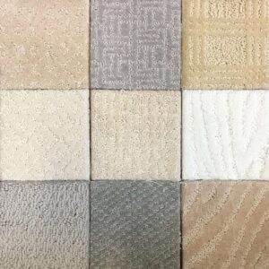 A grid of nine different carpet samples showcasing various textures and patterns at Mill Sales Co. in Los Angeles, CA