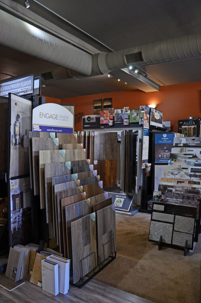 Various carpet samples on display in the Home 360 Flooring Company showroom in Columbus, NE for customer selection.