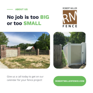 Various fence installations, including metal gates, wood picket, and PVC privacy fences by Robert Miller Fence in Indianapolis, IN.