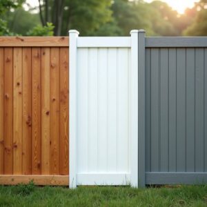 Three different fence styles: natural wood, white vinyl, and grey vinyl, showcasing options from H&M Fence, LLC in Norwalk, CT.