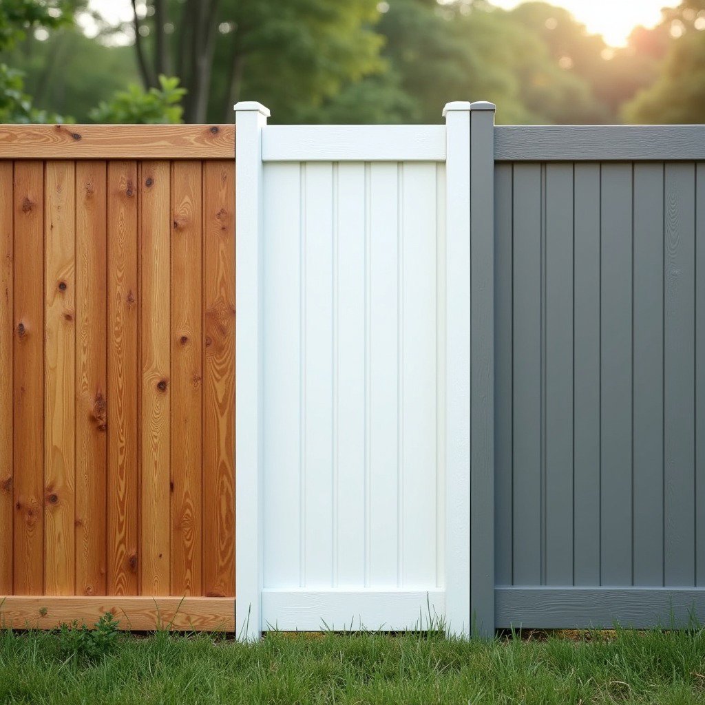 Three different fence styles: natural wood, white vinyl, and grey vinyl, showcasing options from H&M Fence, LLC in Norwalk, CT.