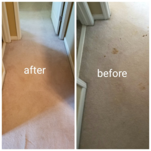 Before and after of vehicle interior upholstery cleaning by Peach Carpet Cleaning in Roswell, GA.