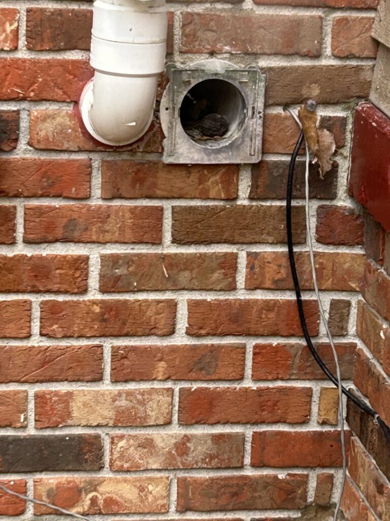 A small vent opening in a brick wall with debris, possibly a pest nest, inspected by Ramer Pest Control in Fort Wayne, IN.