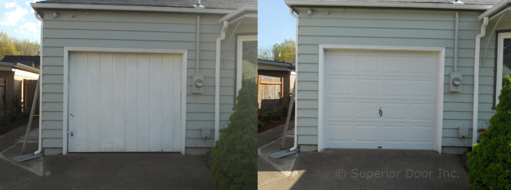 Before and after comparison of a garage door replacement, changing from vertical to horizontal panels by Superior Garage Door in Saint Paul, MN.