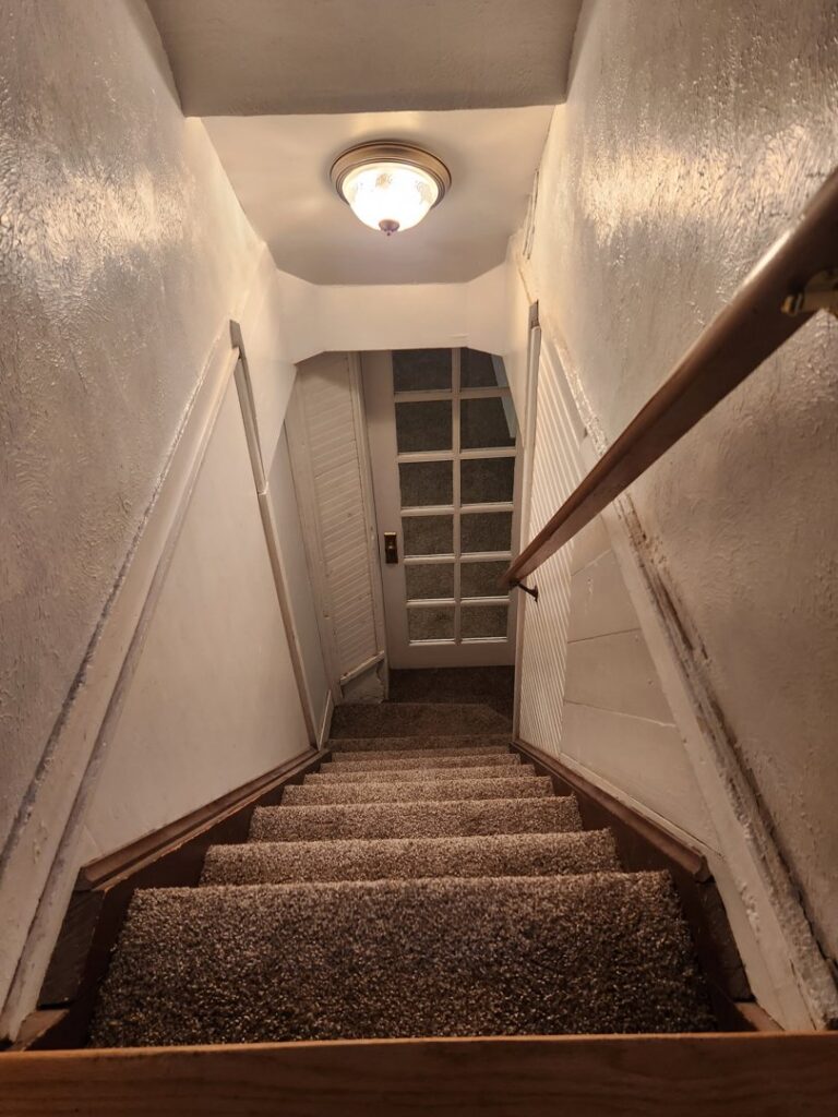 A view looking down newly carpeted stairs installed by Carpet Clearance Warehouse Pueblo, CO.