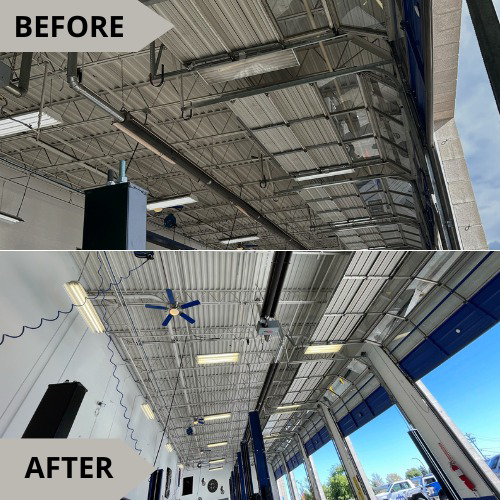 Before and after of a warehouse lighting upgrade by Electro Flash Services LLC in Denver, CO
