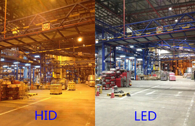 A warehouse showcasing a lighting upgrade from HID to energy-efficient LED lighting by LMS Energy in Milwaukee, WI.