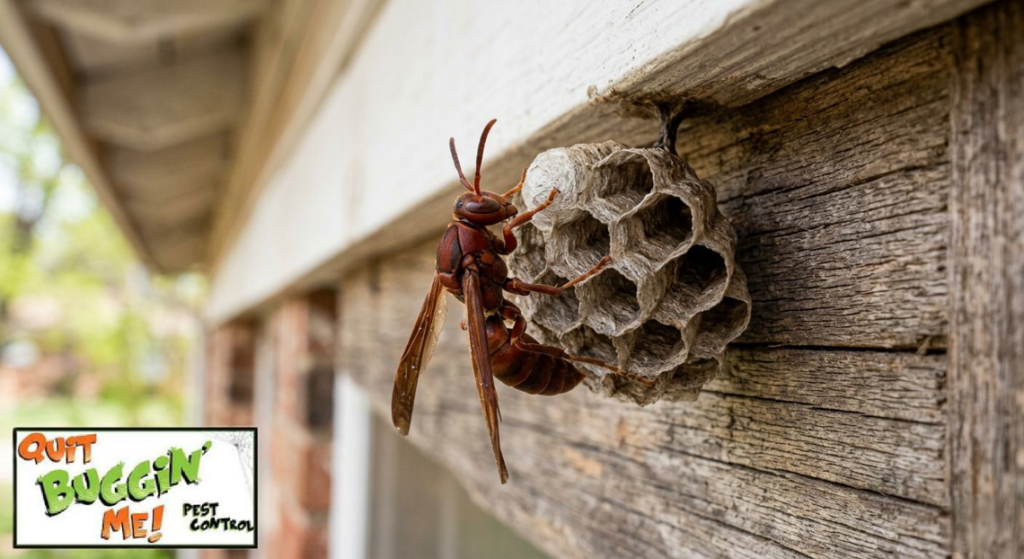 A close-up of a wasp on its nest, indicating a pest control issue for Quit Buggin' Me Pest Control in Owasso, OK.