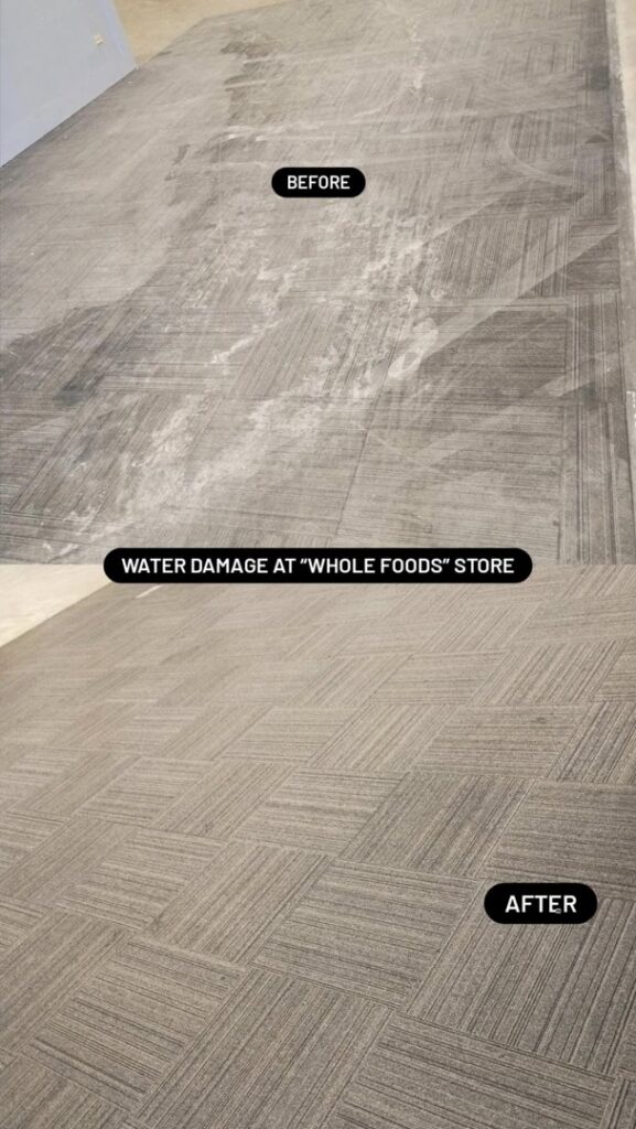 Before and after images of water damage restoration on commercial carpet at a Whole Foods store by Carpet Cleaners Plus in Chicago, IL.