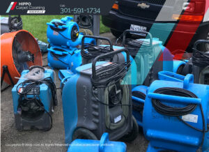Water damage restoration equipment, including fans and dehumidifiers, ready for a job by Hippo Cleaning Services in Rockville, MD.