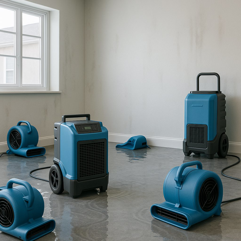 Water damage restoration equipment, including dehumidifiers and air movers, drying a floor at a job site for Mountain View Carpet Care LLC in Vancouver, WA.