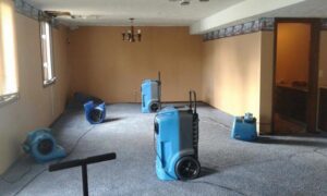 Air movers and dehumidifiers drying carpet during water damage restoration by Christenson Cleaning & Restoration in Hastings, NE.