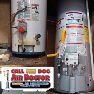 Before and after of a water heater replacement by Call The Doc Air Doctor Heating, Air Conditioning and Plumbing in Richardson, TX.