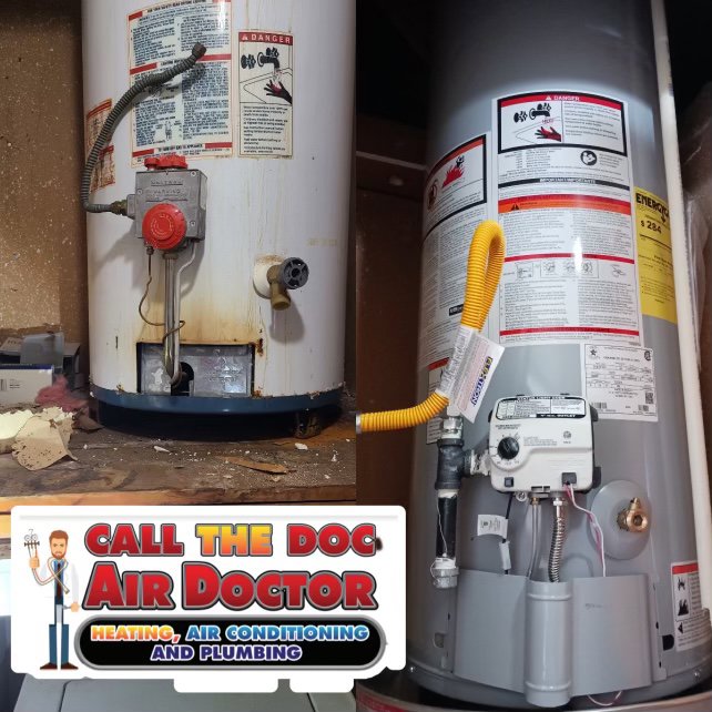 Before and after of a water heater replacement by Call The Doc Air Doctor Heating, Air Conditioning and Plumbing in Richardson, TX.