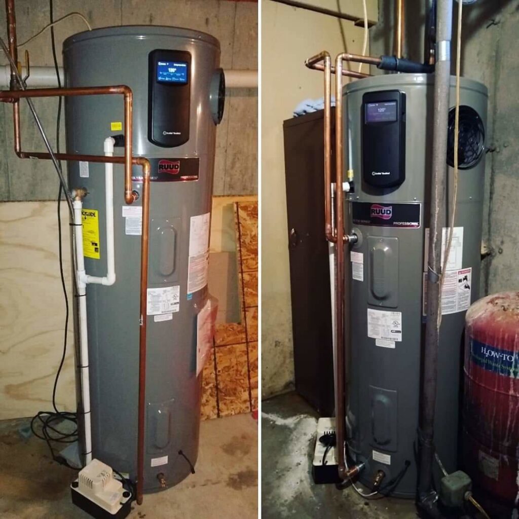 Before and after view of a new Ruud water heater installation by Superior CO-OP HVAC in Cambridge, NY.