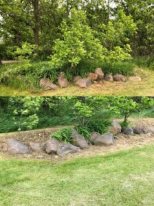 Before and after photos showing professional weed clearing and cleanup around a rock bed by Fili's Lawn Care LLC in Kenosha, WI.