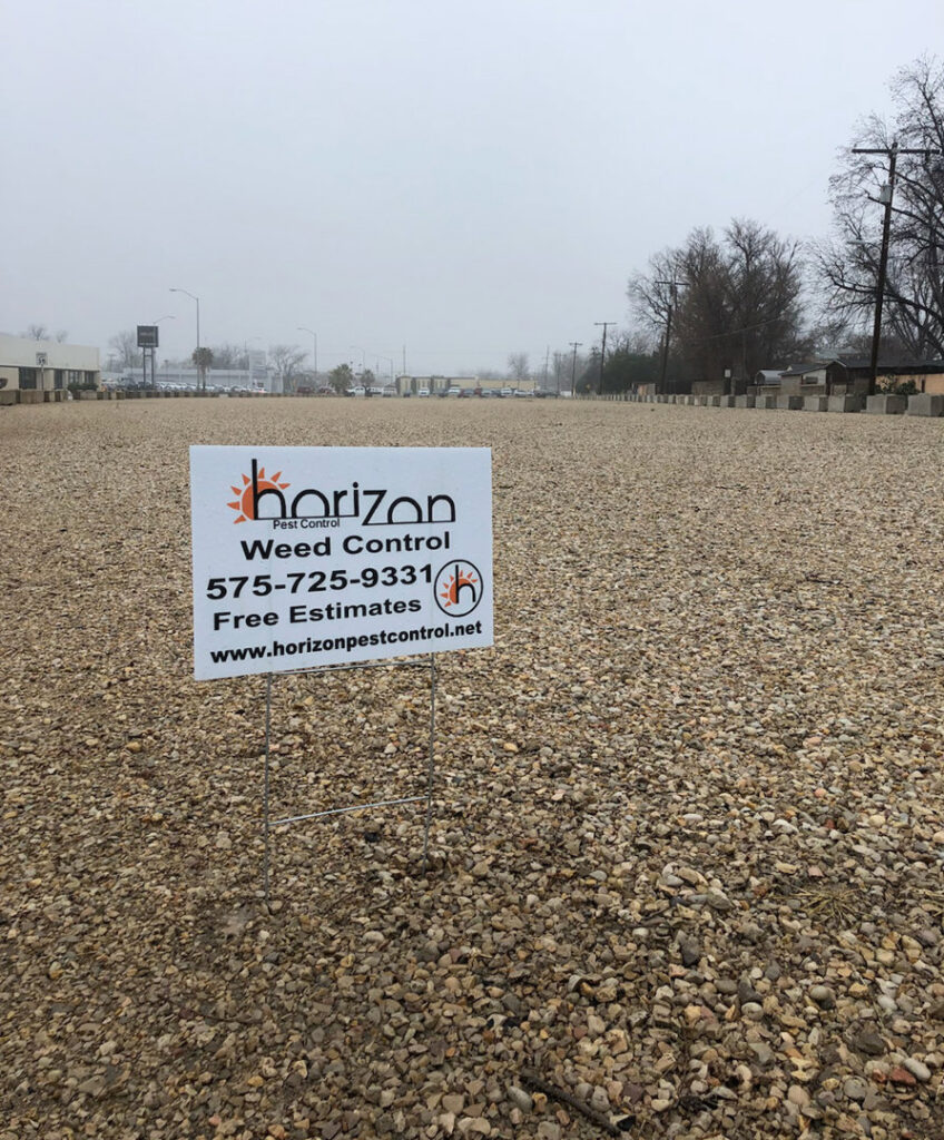 A Horizon Pest Control sign advertising weed control services in Carlsbad, NM.