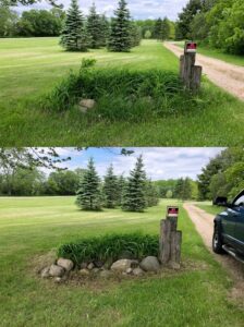 Before and after photos showing professional weed trimming and cleanup around a driveway entrance by Fili's Lawn Care LLC in Kenosha, WI.