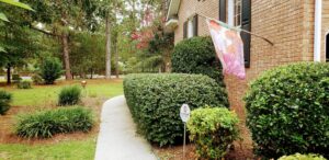 A neatly trimmed hedge and clean pathway alongside a brick house, maintained by Liberty LAWN Care in Sumter, SC.