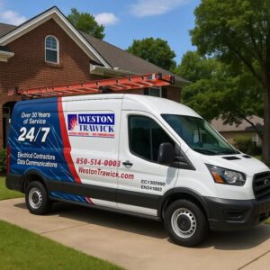 A Weston Trawick, Inc. electrician service van parked in front of a residential home in Tallahassee, FL.