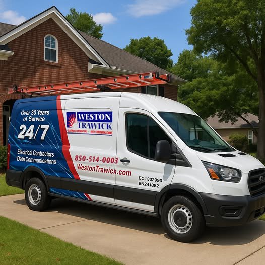 A Weston Trawick, Inc. electrician service van parked in front of a residential home in Tallahassee, FL.