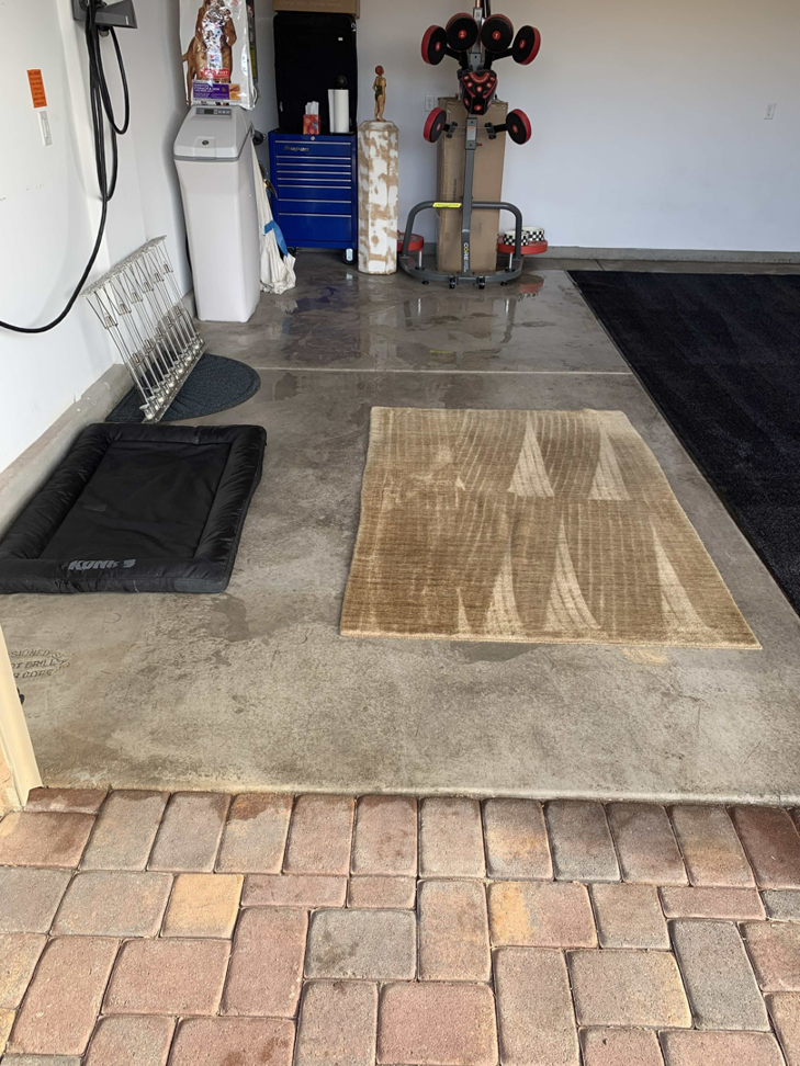 Recently cleaned rugs drying on a wet garage floor after a professional cleaning by GreenWay Carpet Cleaning Las Vegas, NV.