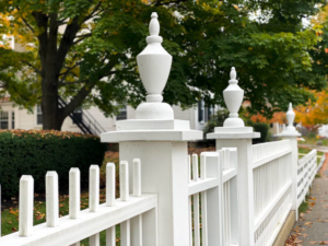A beautiful white picket fence with decorative posts, showcasing quality fencing work by Delmarva Facility Maintenance Services in Laurel, DE.