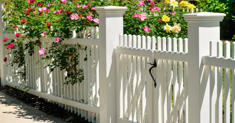 A charming white picket fence with a gate, adorned with blooming roses, installed by Longhorn Fencing Eastern Idaho in Pocatello, ID.